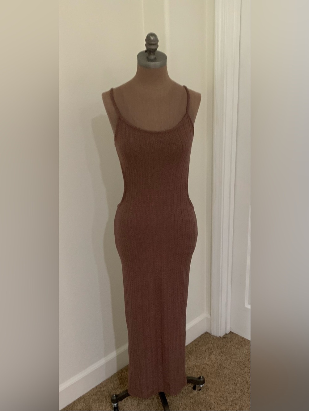 Brown Rib-Knit Maxi Slip Dress with Spaghetti Straps